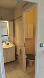 uma casa de banho com um lavatório e um WC em Studio bord de Mer, à 100m de la plage du Verdon em Martigues