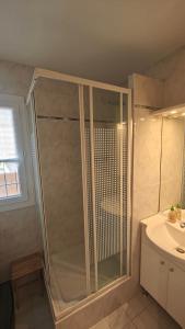 uma casa de banho com um chuveiro e um lavatório. em Studio bord de Mer, à 100m de la plage du Verdon em Martigues