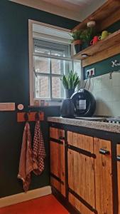 eine Küche mit einer Arbeitsplatte und einem Fenster in der Unterkunft Gastenhuisje in Zelhem