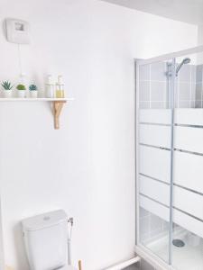 een badkamer met een toilet en een glazen douche bij appartement T2 proche aéroport Orly in Grigny