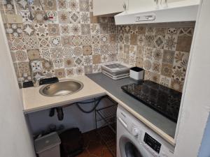 a small kitchen with a sink and a washing machine at Vico 2 monolocale in Albissola Marina
