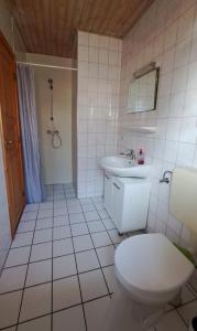 a white bathroom with a toilet and a sink at Ferienwohnung in Lemkenhafen auf Fehmarn in Fehmarn