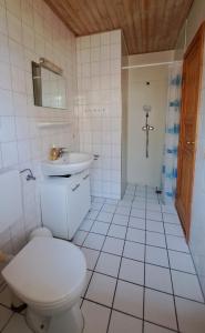 a white bathroom with a toilet and a sink at Ferienwohnung in Lemkenhafen auf Fehmarn in Fehmarn
