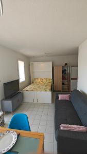 uma sala de estar com uma cama e um sofá em Studio bord de Mer, à 100m de la plage du Verdon em Martigues