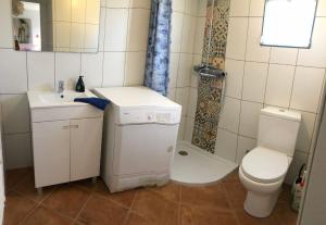 a bathroom with a toilet and a sink and a shower at Pequeno Paraiso-1RoomLet in São Brás de Alportel +10 photos