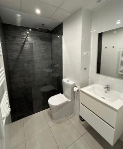 a bathroom with a toilet and a sink and a shower at Calpe Beach II - sea & pool view apartment in Calpe
