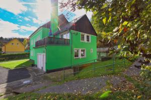 a green house with a black roof at Pension U Golfu Cihelny in Karlovy Vary