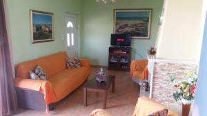 sala de estar con sofá naranja y chimenea en Penelope's Home,Mytikas, en Mitikas