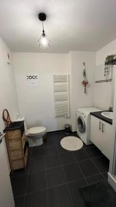 uma casa de banho com um WC, um lavatório e uma máquina de lavar roupa em Appartement T2 cosy et calme em Baiona