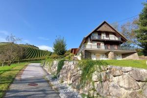 une maison sur une colline à côté d'un mur de pierre dans l'établissement Naturjuwel inmitten der Weinberge, à Sankt Stefan ob Stainz