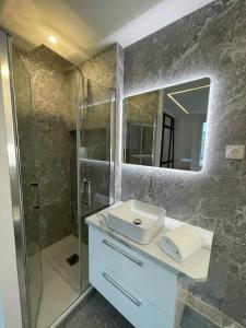 a bathroom with a sink and a shower at Appartement Malesherbes Paris in Paris