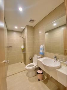 胡志明市的住宿－Quân's homestay，一间带水槽、卫生间和镜子的浴室