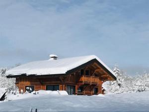 Cabaña de madera con nieve en el techo en Le Chalet de Bequi en Bellefontaine