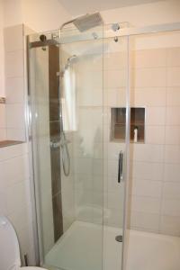 um chuveiro com uma porta de vidro na casa de banho em Ferienwohnung am Windberg em Freital