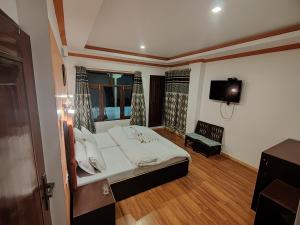 Dream Ladakh Guest House في ليه: غرفة نوم فيها سرير وتلفزيون