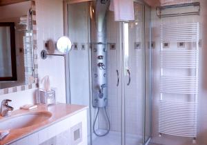 uma casa de banho com um chuveiro com um lavatório e um chuveiro em Alice Relais Nelle Vigne em Vittorio Veneto