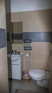 ein Badezimmer mit einem WC, einem Waschbecken und einem Spiegel in der Unterkunft ISULA PETRA in Porto-Vecchio