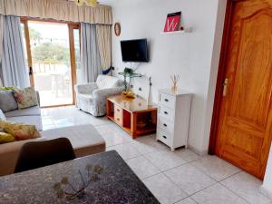 ein Wohnzimmer mit einem Sofa und einem TV in der Unterkunft FIRST LINE Los Geranios Ocean View Apartment Air Conditioned 50 m from La Pinta beach in Adeje