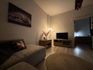 Una sala de estar con un sofá y un televisor de pantalla plana. en KK Apartament Piekarska Oficyna, en Bytom