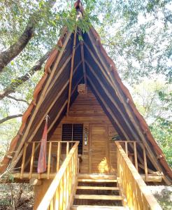 Playa Pelada的住宿－Treehouse Chilo at Hacienda Nosara，小木屋设有茅草屋顶和楼梯