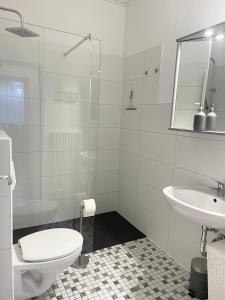 een witte badkamer met een toilet en een wastafel bij Stay Westend in Wetzlar