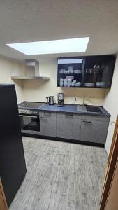 a kitchen with a sink and a stove at Ferienwohnung am Schwanenteich in Bad Klosterlausnitz