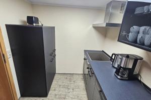 een keuken met een zwarte koelkast en een wastafel bij Ferienwohnung am Schwanenteich in Bad Klosterlausnitz