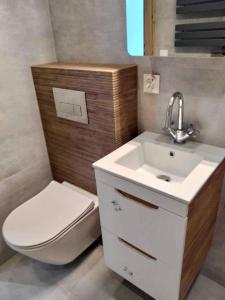 een badkamer met een wit toilet en een wastafel bij Apartamenty Grunwaldzka in Świnoujście