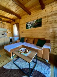 - un salon en rondins avec un canapé et une table dans l'établissement Mountain Star House, à Mojkovac