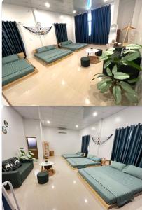 Homestay Minh Hà في Cu Lao Thu: صورتين لغرفة معيشة مع أثاث أخضر