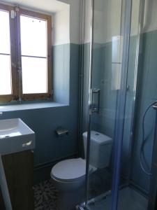 uma casa de banho azul com um WC e um chuveiro em Apartamento en Masia catalogada em Tarragona
