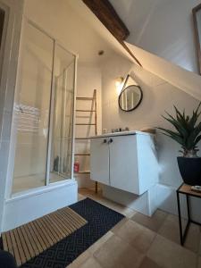 a bathroom with a glass shower and a sink at Charmant Appartement proche Strasbourg à Eckwersheim in Eckwersheim
