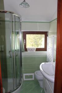 a green bathroom with a sink and a toilet at Appartamento incantevole centrale e nel verde in Rivisondoli