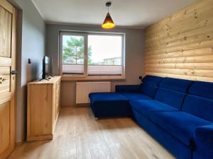 uma sala de estar com um sofá azul e uma janela em Apartament Góral em Krynica-Zdrój
