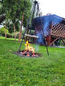 a fire pit in the grass in a park at Orkana44F in Mszana Dolna +16 photos