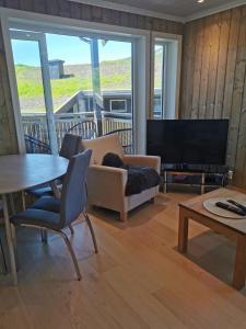 a living room with a couch and a television at Sentral leilighet på Geilo in Geilo