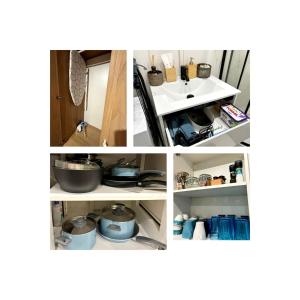 a collage of photos of a kitchen with a sink at KK Apartament Piekarska Oficyna in Bytom