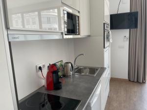 a small kitchen with a sink and a stove at Apartamentos Boni in Alicante