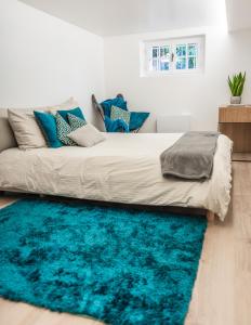 a bedroom with a bed with a blue rug at Maison Zola in Fleury-les-Aubrais
