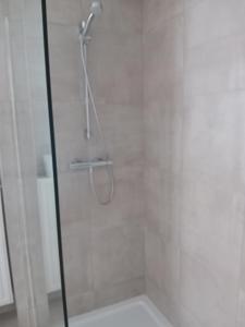 a shower with a glass door in a bathroom at Ama's Sweet home in Saint-Hubert