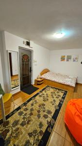 a room with two beds and a rug on the floor at Ultracentral Lozonschi Apartament Parter in Iaşi