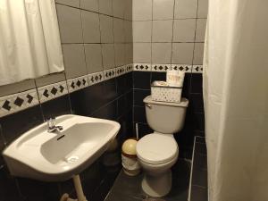 アレキパにあるCasa Tustyの白いトイレと洗面台のあるバスルーム
