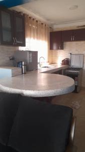 uma cozinha com uma bancada em mármore numa cozinha em Nelly Apartments em Mbale