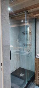 - une douche avec une porte en verre dans la chambre dans l'établissement Grands studios vue sur lac, à Tignes