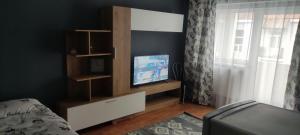 sala de estar con TV y sofá en Apartament în regim Hotelier, en Cavnic