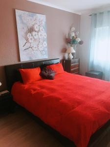 um quarto com uma grande cama vermelha com almofadas vermelhas em Apartamento com boa localização e Conforto em Póvoa de Santa Iria