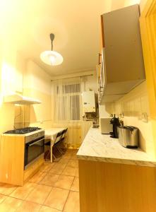 uma cozinha com fogão e bancada em Ultracentral Apartment 4 rooms - Old City Center -120 square meters - em Bucareste