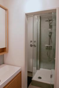 W łazience znajduje się prysznic ze szklanymi drzwiami. w obiekcie Charmante Ferienwohnung in der Altstadt w mieście Landsberg am Lech