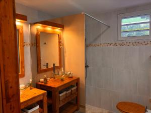 a bathroom with a sink and a shower at Bungalow jardin tropical - piscine in Saint-François