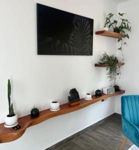 sala de estar con TV en la pared en Villa Peregrina, en Puerto Ayora